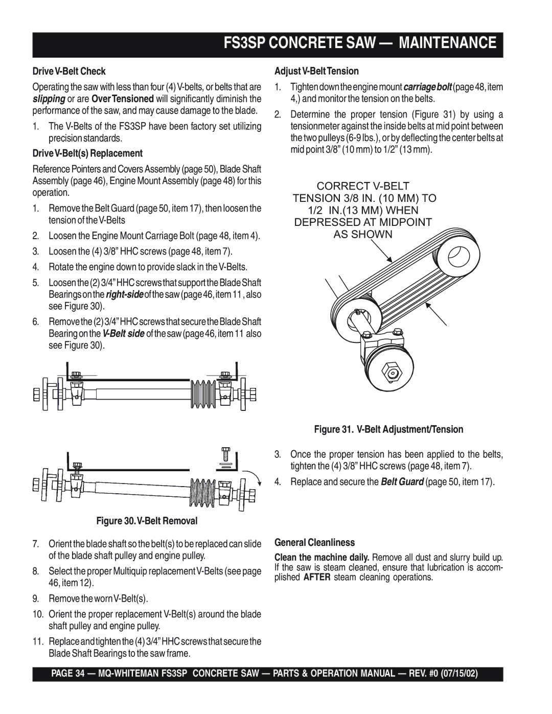 Multiquip FS3SP operation manual DriveV-Belt Check, DriveV-Belts Replacement, Loosen the 4 3/8 HHC screws page 48, item 