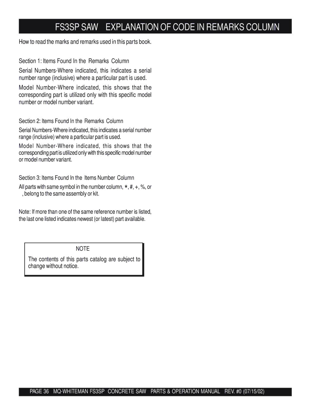 Multiquip operation manual FS3SP SAW Explanation of Code in Remarks Column, Items Found In the Remarks Column 