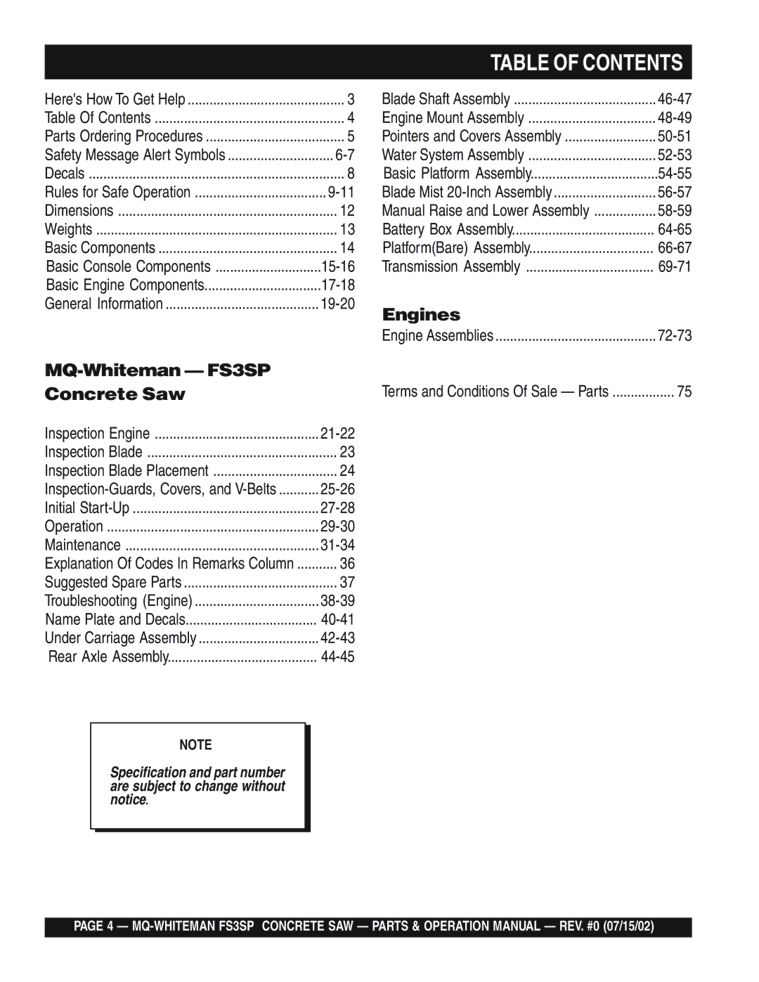 Multiquip FS3SP operation manual Table of Contents 