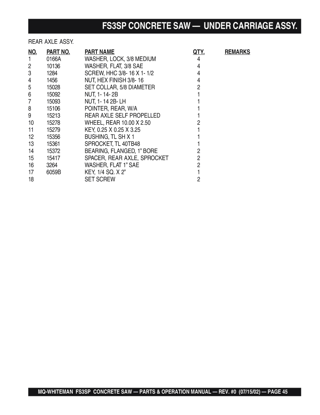 Multiquip FS3SP operation manual Rear Axle Assy 