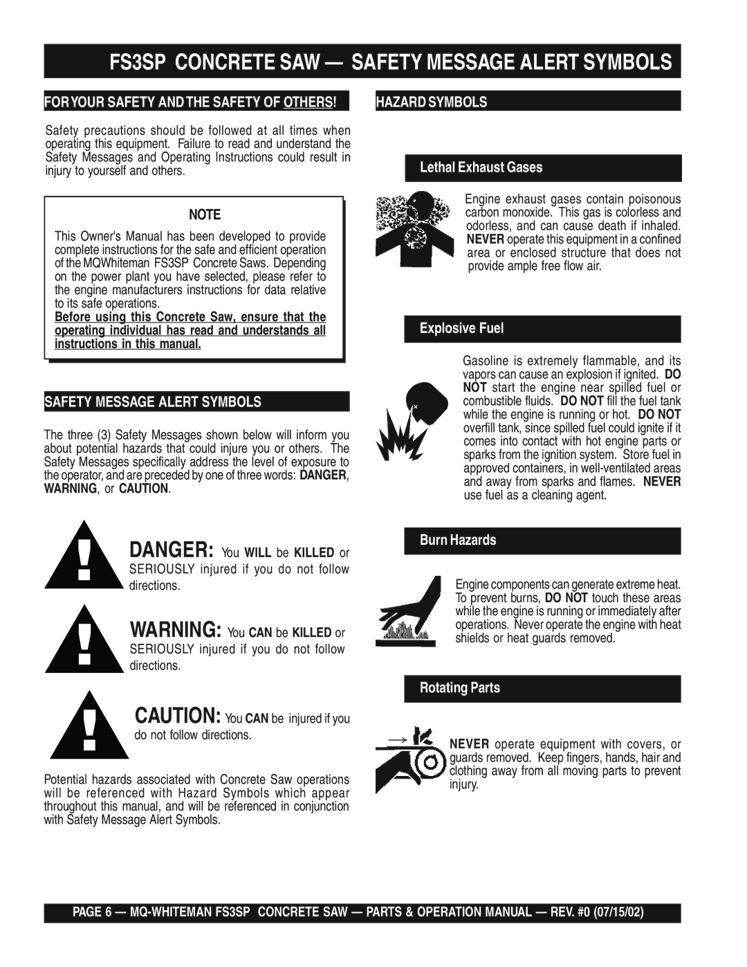 Multiquip FS3SP Concrete SAW Safety Message Alert Symbols, Seriously injured if you do not follow directions 