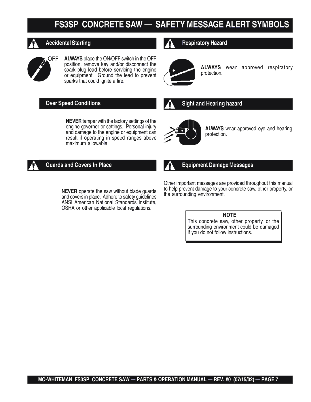 Multiquip FS3SP Always wear approved respiratory protection, Always wear approved eye and hearing protection 