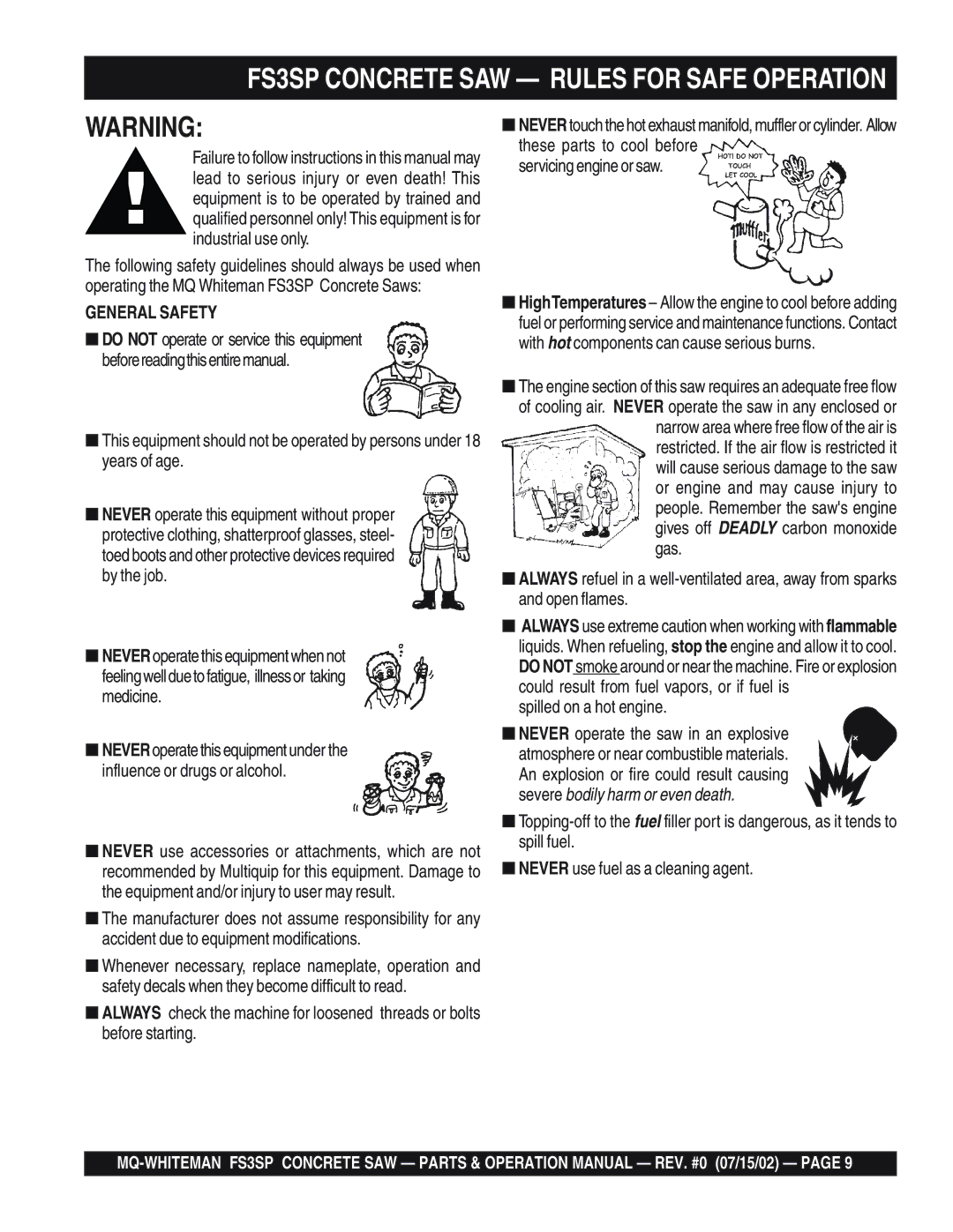 Multiquip FS3SP operation manual General Safety, Spilled on a hot engine 