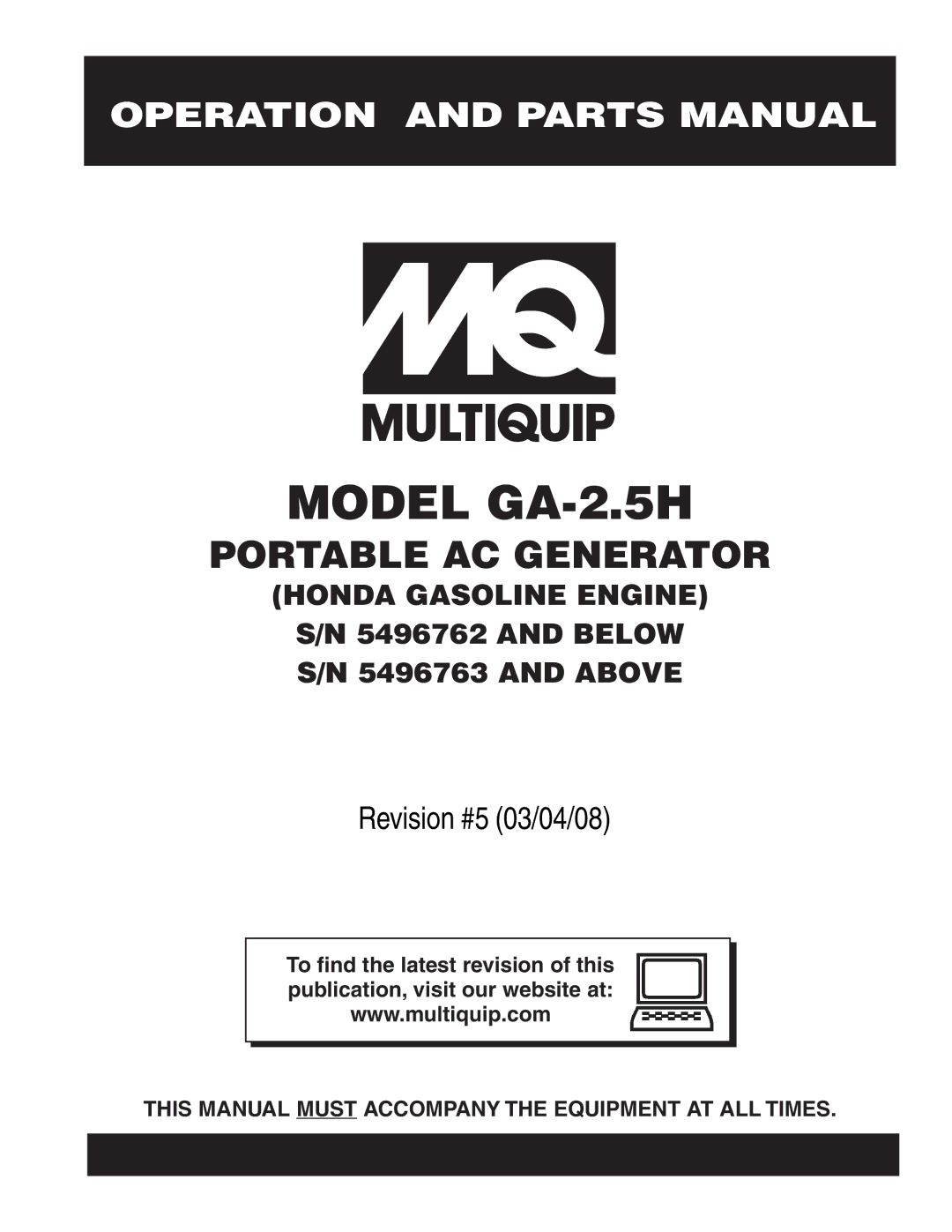 Multiquip manual Model GA-2.5H 