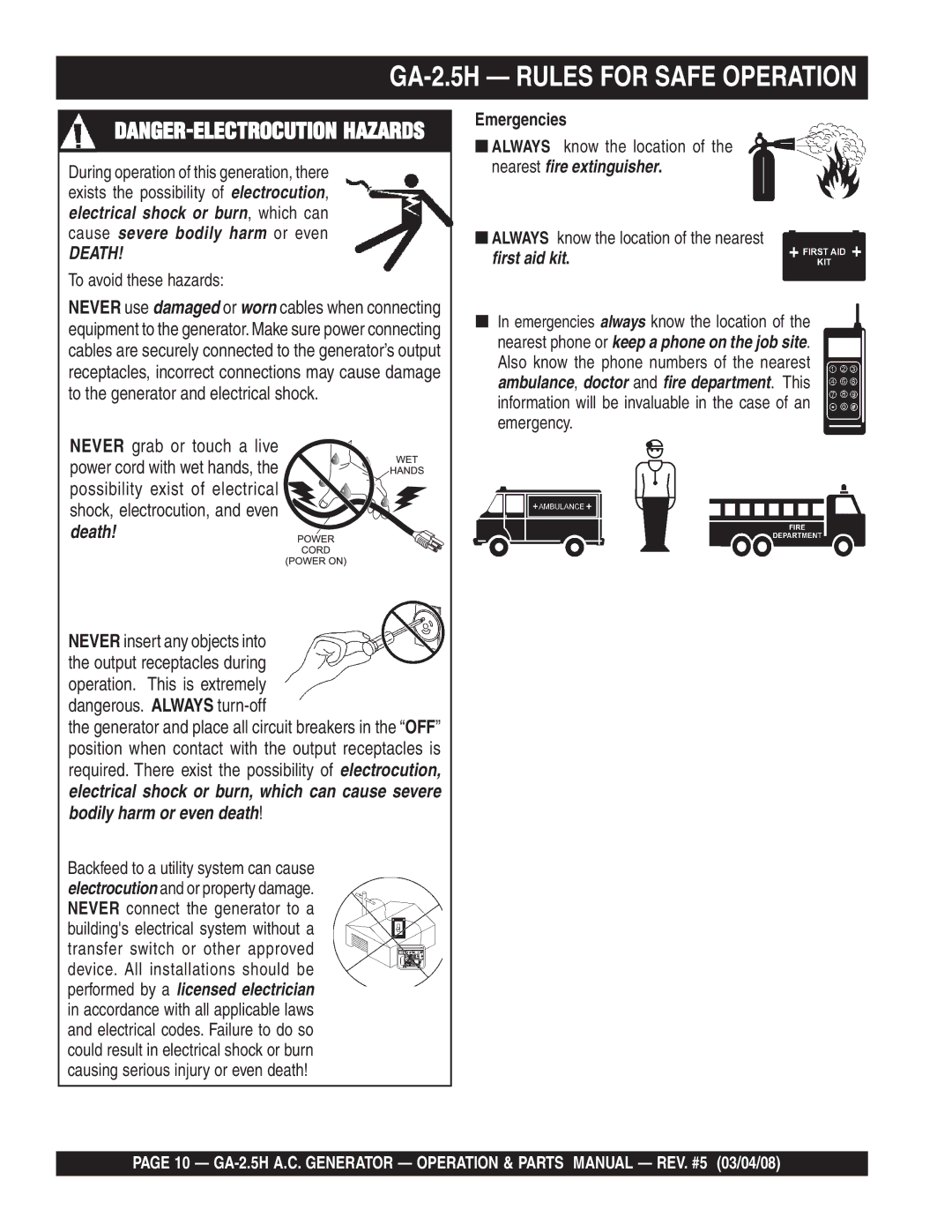 Multiquip manual GA-2.5H Rules for Safe Operation, Emergencies 