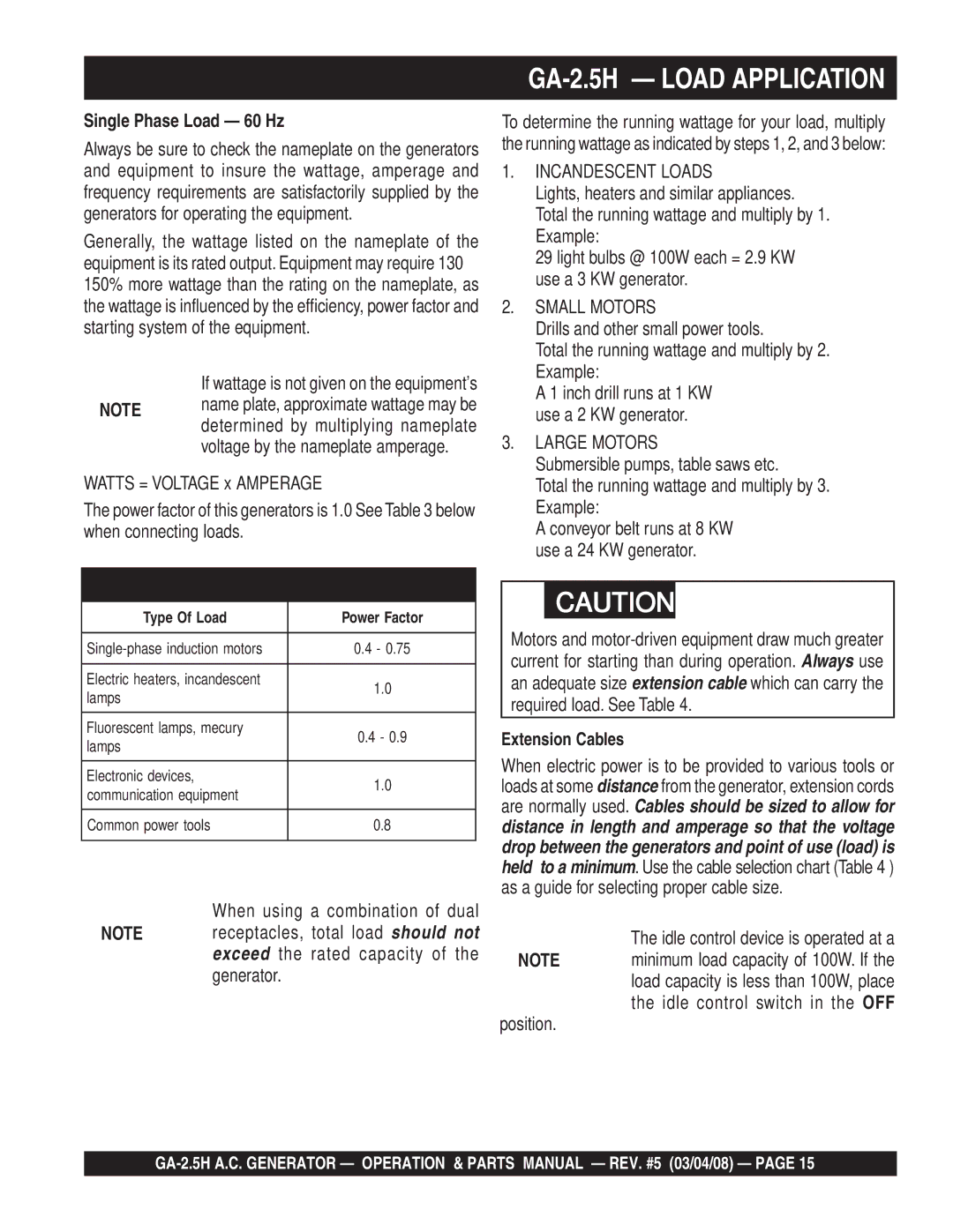 Multiquip manual GA-2.5H Load Application, Single Phase Load 60 Hz, Incandescent Loads, Small Motors, Large Motors 