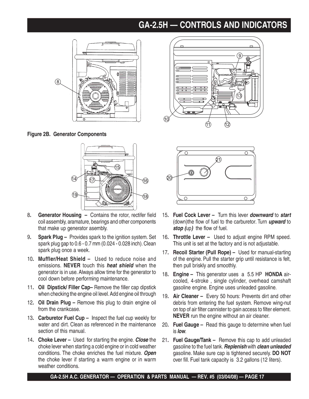 Multiquip GA-2.5H manual Fuel Gauge Read this gauge to determine when fuel is low 