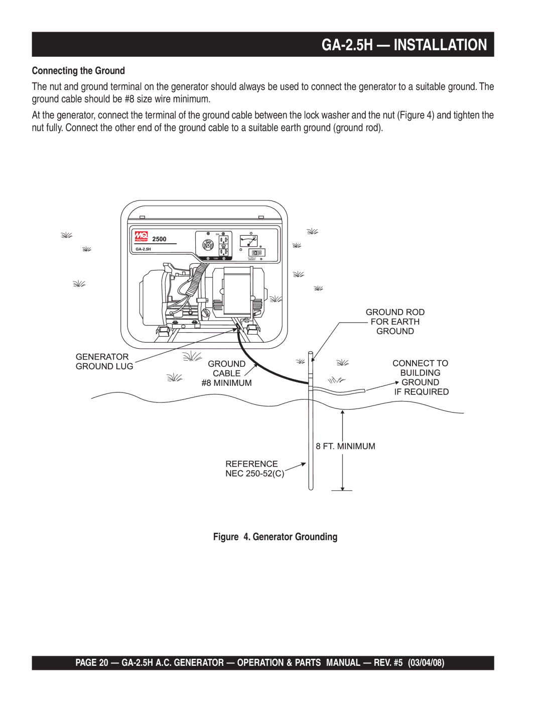 Multiquip manual GA-2.5H Installation, Connecting the Ground 