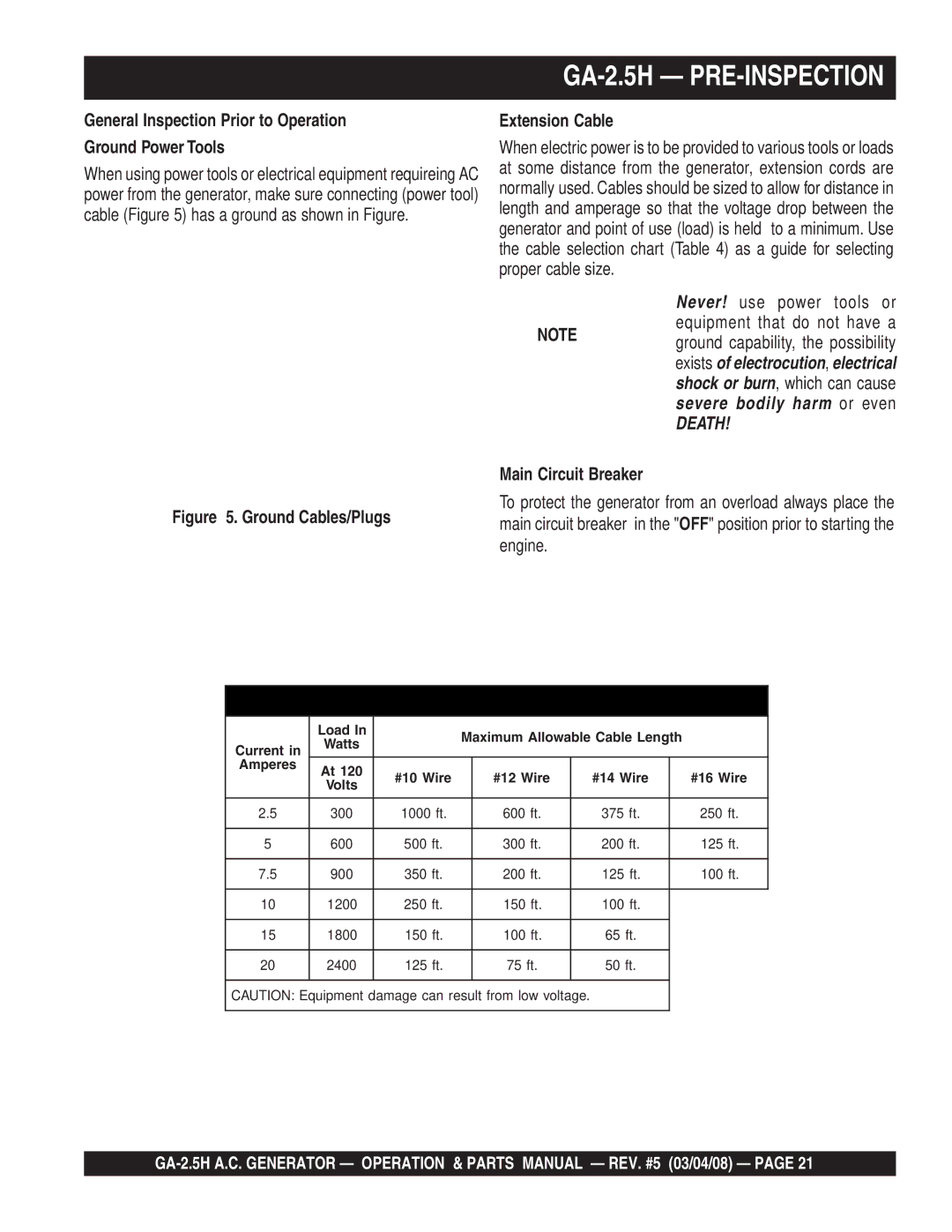 Multiquip manual GA-2.5H PRE-INSPECTION, General Inspection Prior to Operation Ground Power Tools, Extension Cable 