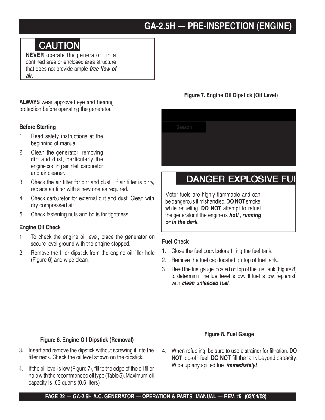 Multiquip manual GA-2.5H PRE-INSPECTION Engine, Before Starting, Engine Oil Check, Fuel Check 