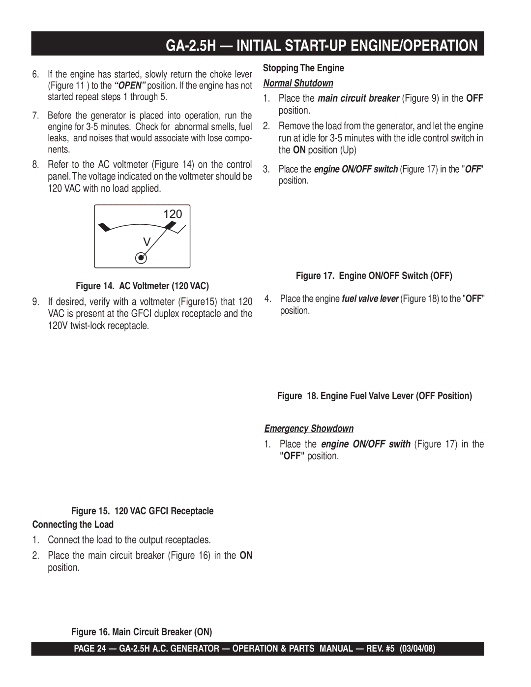 Multiquip manual GA-2.5H Initial START-UP ENGINE/OPERATION, Stopping The Engine 