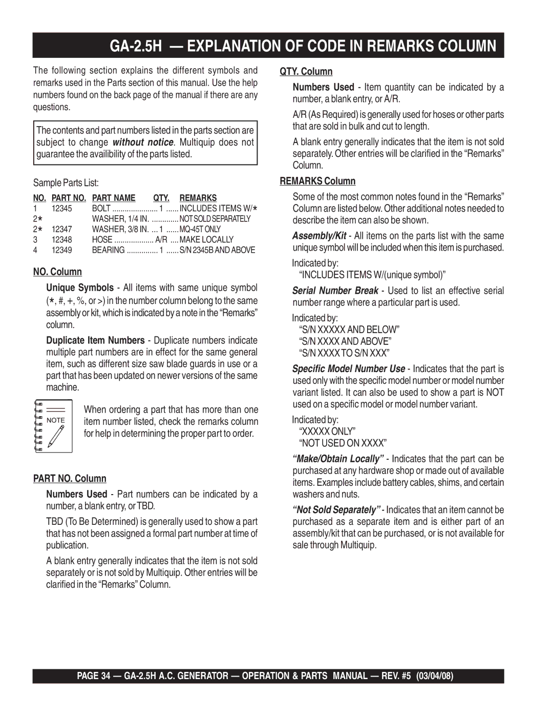 Multiquip manual GA-2.5H Explanation of Code in Remarks Column, Part NO. Column, QTY. Column 