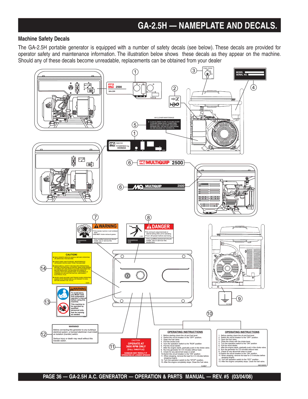 Multiquip manual GA-2.5H Nameplate and Decals, Machine Safety Decals 