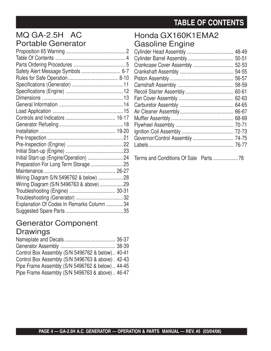 Multiquip GA-2.5H manual Table of Contents 