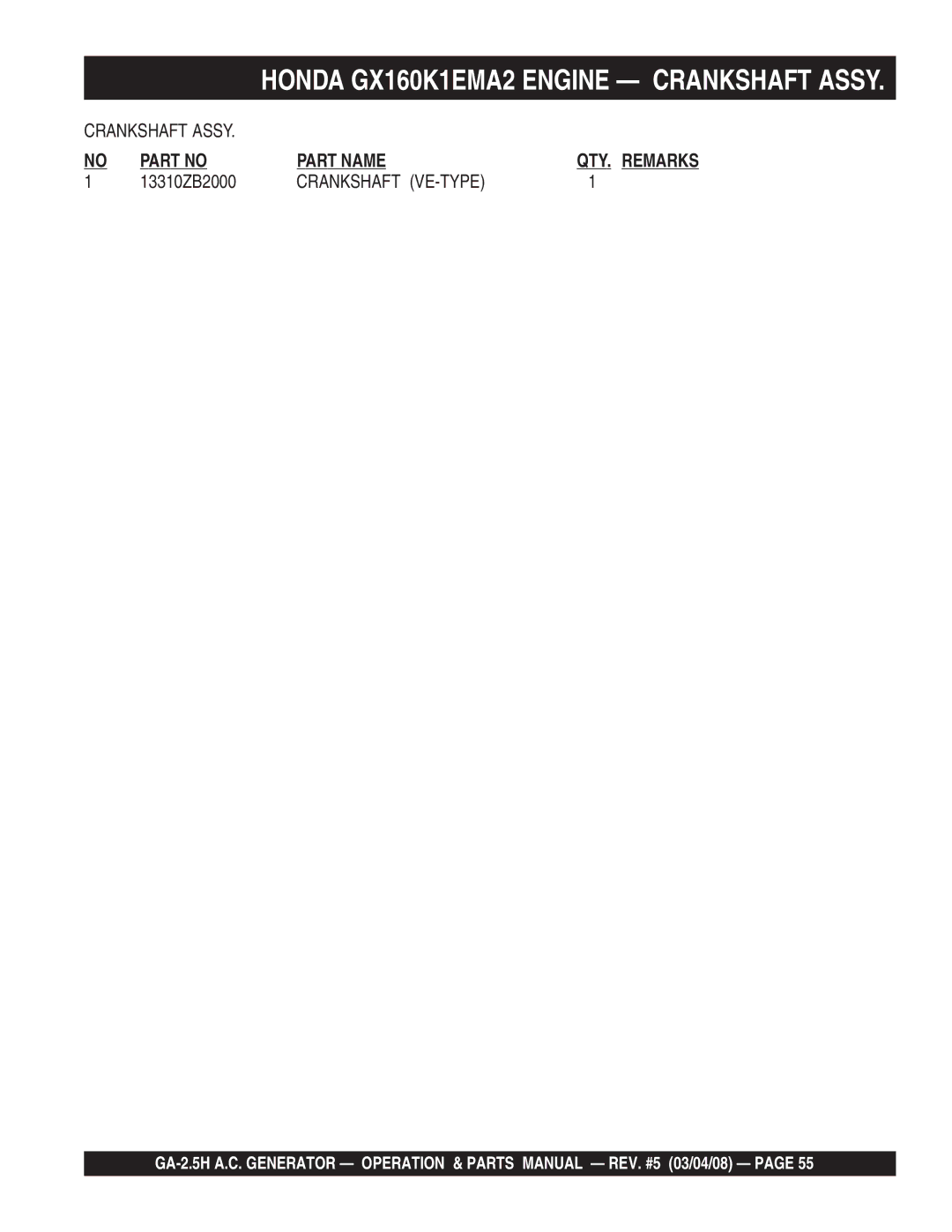 Multiquip GA-2.5H manual Part Name QTY. Remarks, Crankshaft VE-TYPE 