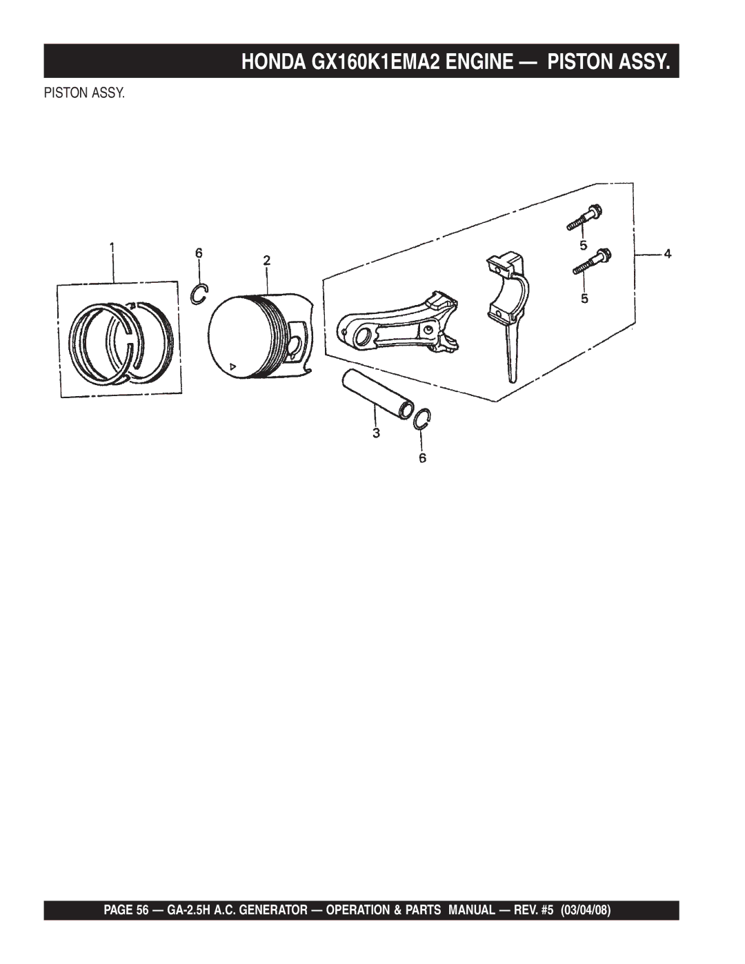 Multiquip GA-2.5H manual Honda GX160K1EMA2 Engine Piston Assy 