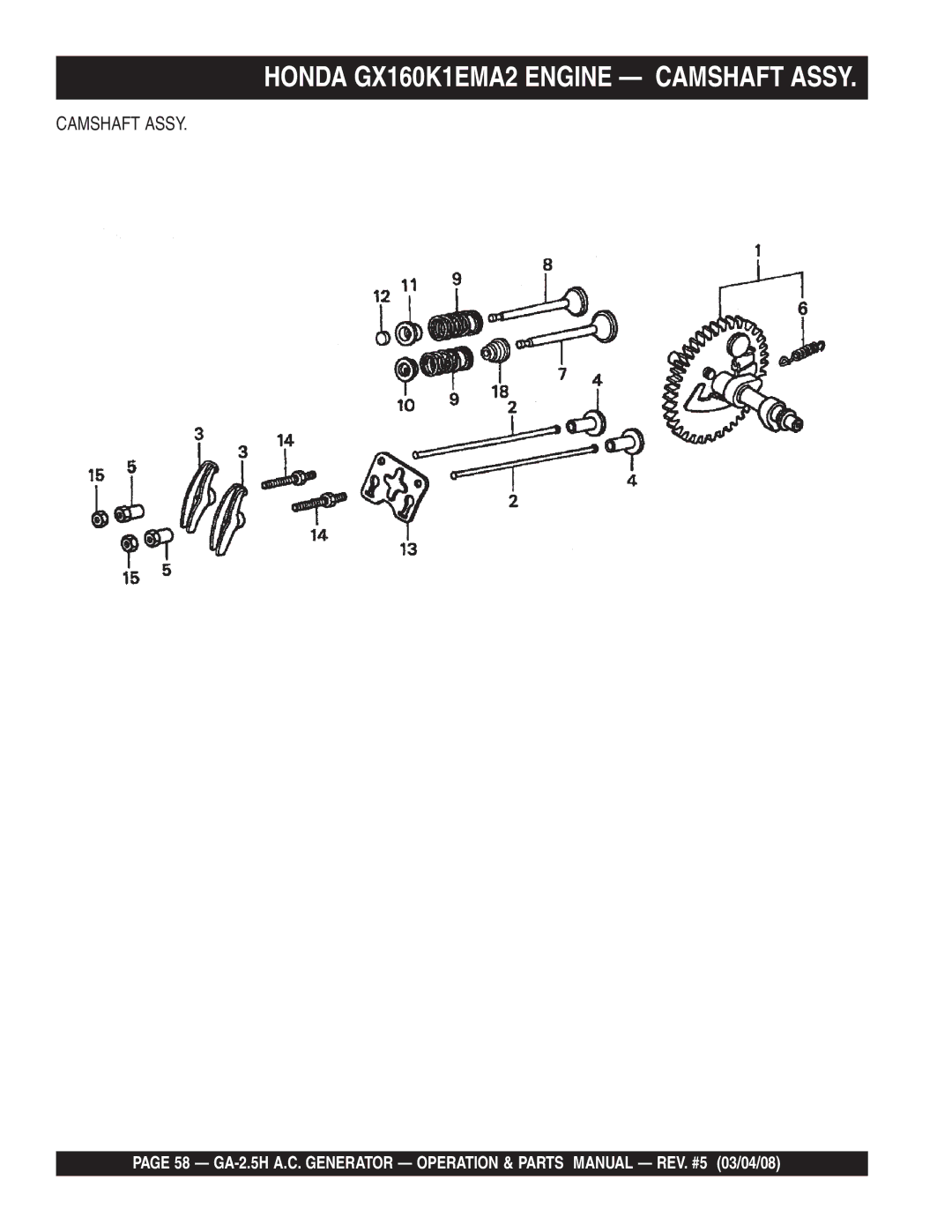 Multiquip GA-2.5H manual Honda GX160K1EMA2 Engine Camshaft Assy 