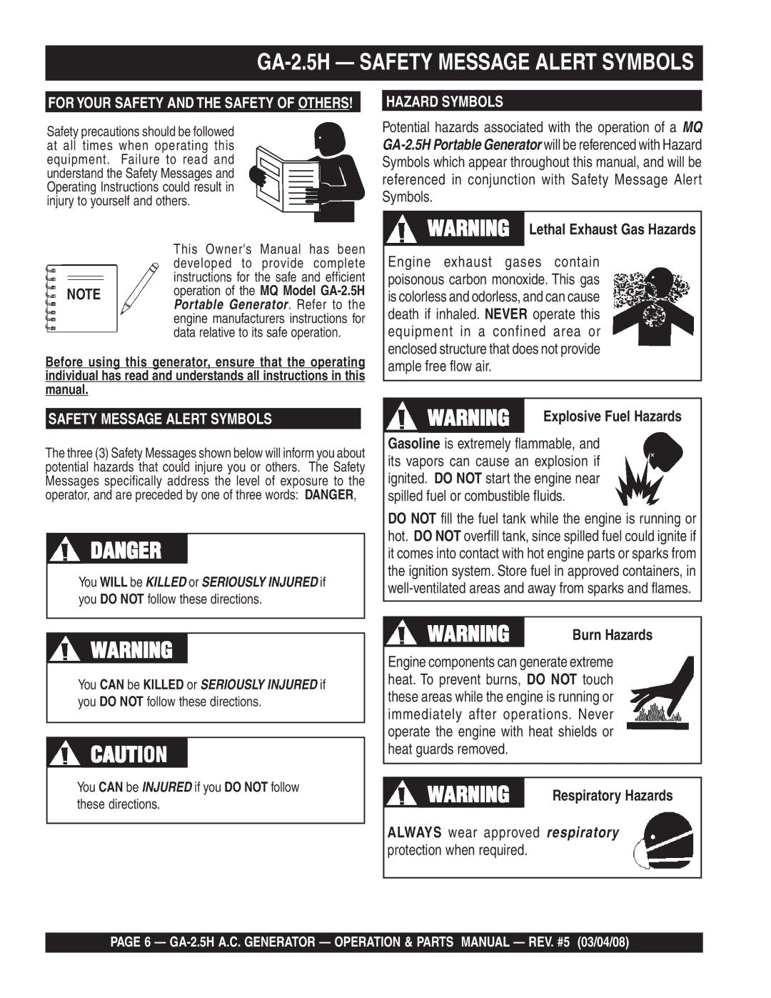 Multiquip manual GA-2.5H Safety Message Alert Symbols, Burn Hazards, Respiratory Hazards 