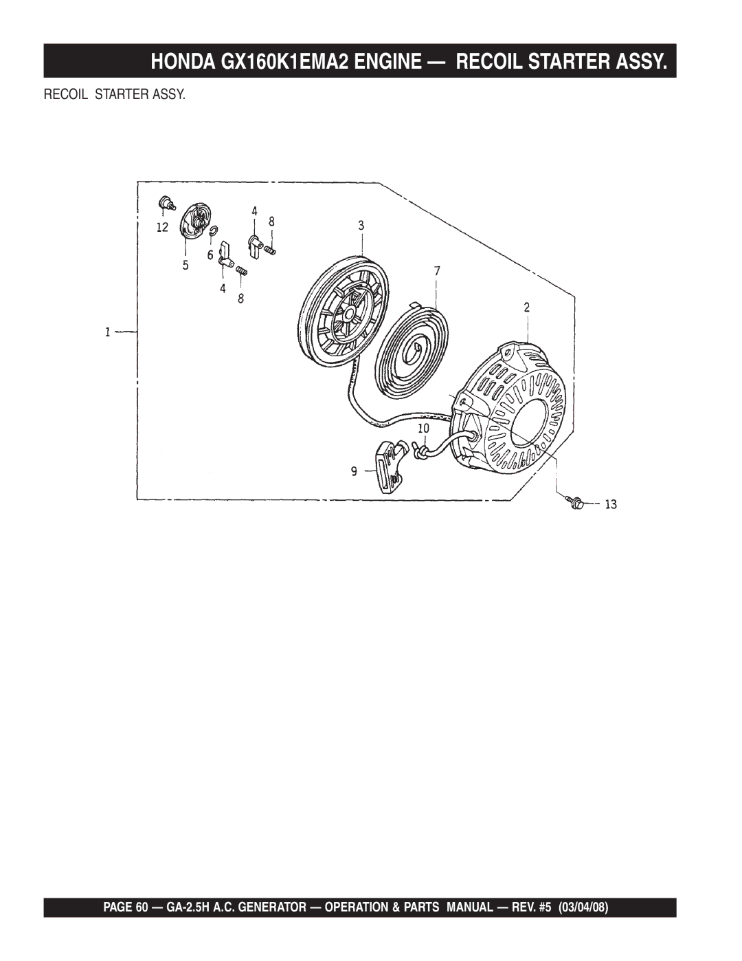 Multiquip GA-2.5H manual Honda GX160K1EMA2 Engine Recoil Starter Assy 