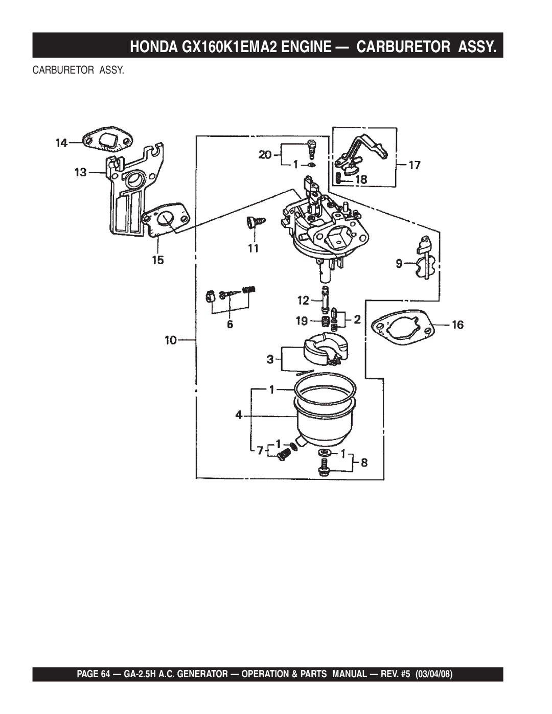 Multiquip GA-2.5H manual Honda GX160K1EMA2 Engine Carburetor Assy 