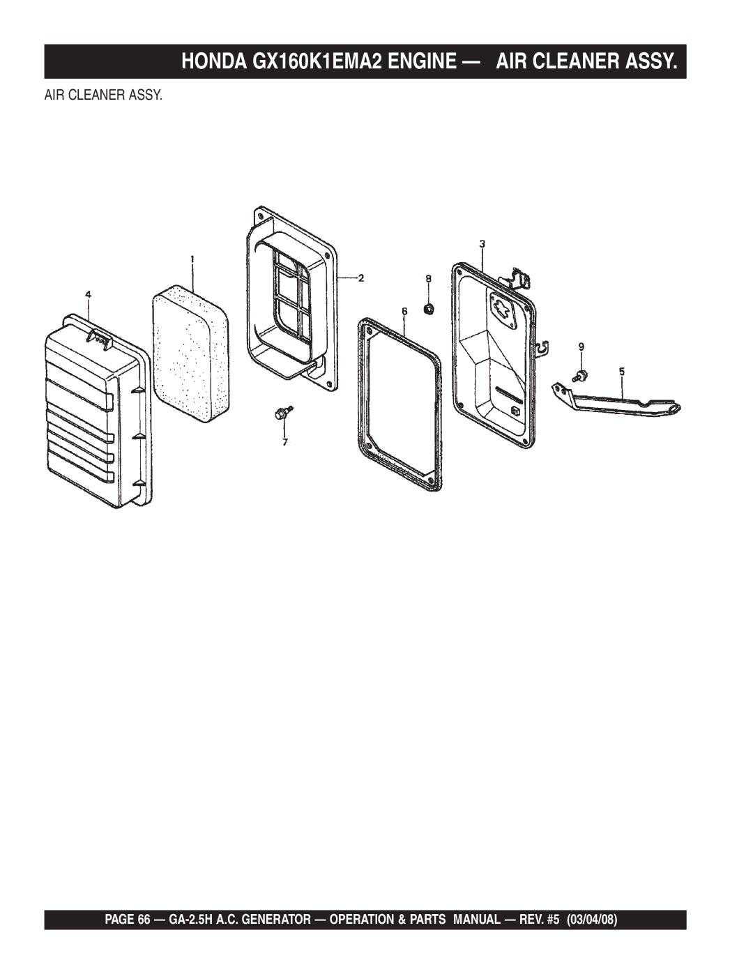Multiquip GA-2.5H manual Honda GX160K1EMA2 Engine AIR Cleaner Assy 