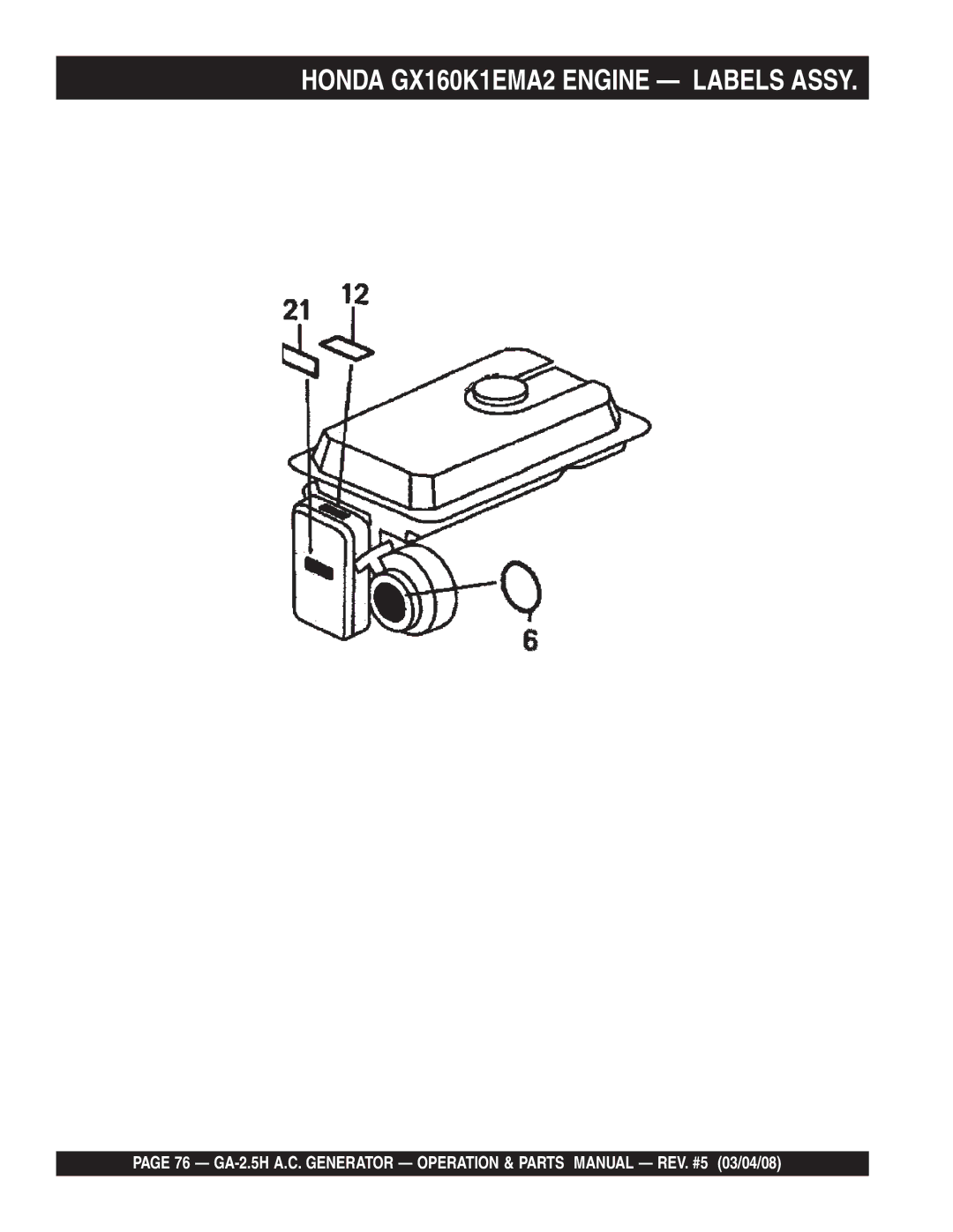 Multiquip GA-2.5H manual Honda GX160K1EMA2 Engine Labels Assy 