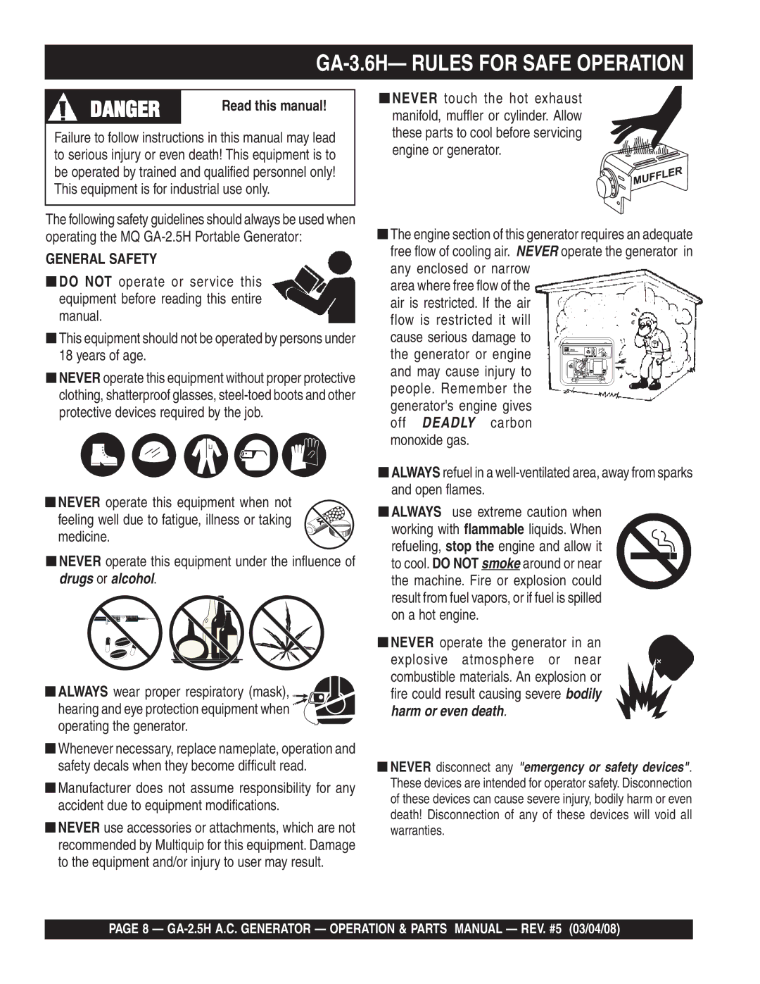 Multiquip GA-2.5H GA-3.6H- Rules for Safe Operation, Read this manual 