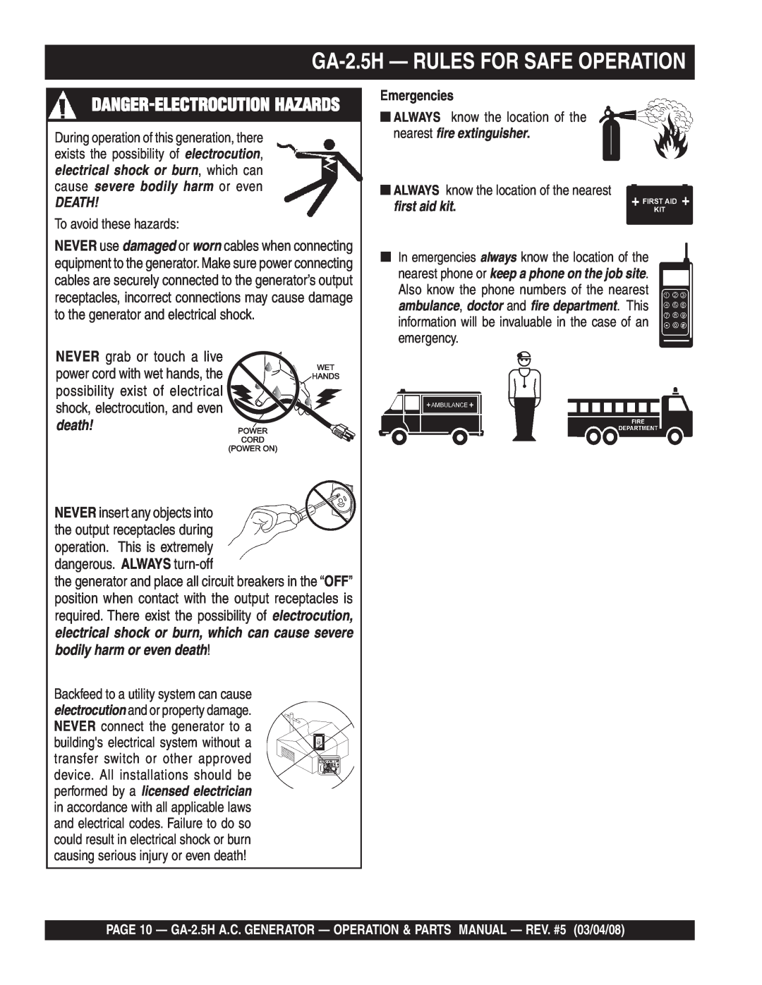 Multiquip manual GA-2.5H - RULES FOR SAFE OPERATION, Danger-Electrocution Hazards, Death, Emergencies 