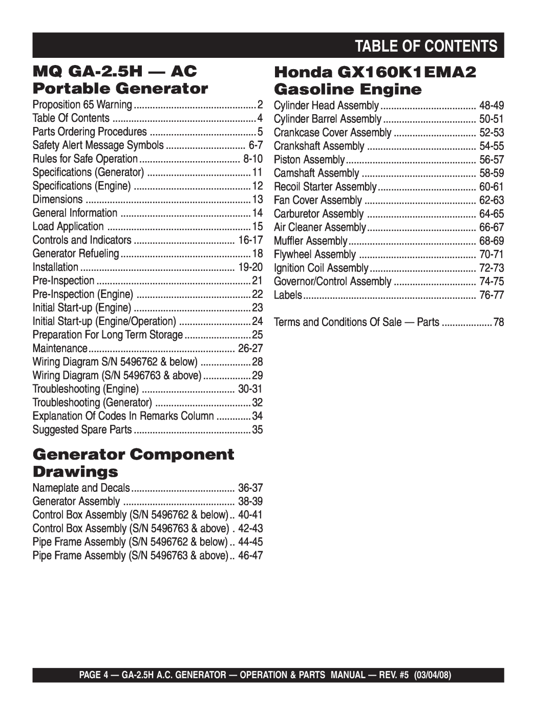 Multiquip Table Of Contents, MQ GA-2.5H - AC, Portable Generator, Generator Component, Drawings, 8-10, Piston Assembly 