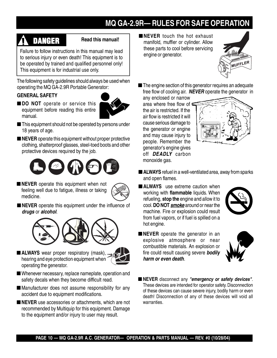 Multiquip MQ GA-2.9R- Rules for Safe Operation, Read this manual 