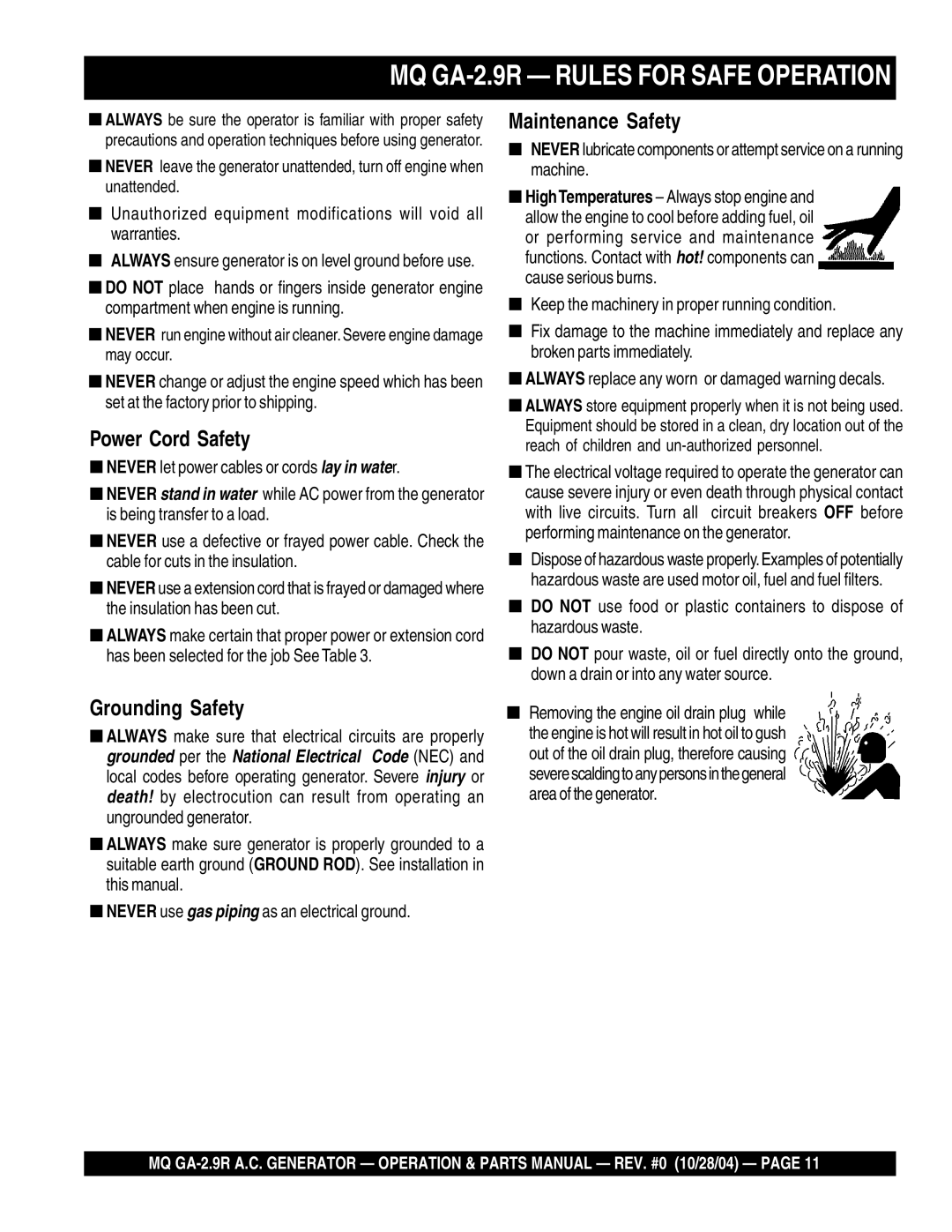 Multiquip manual MQ GA-2.9R Rules for Safe Operation 