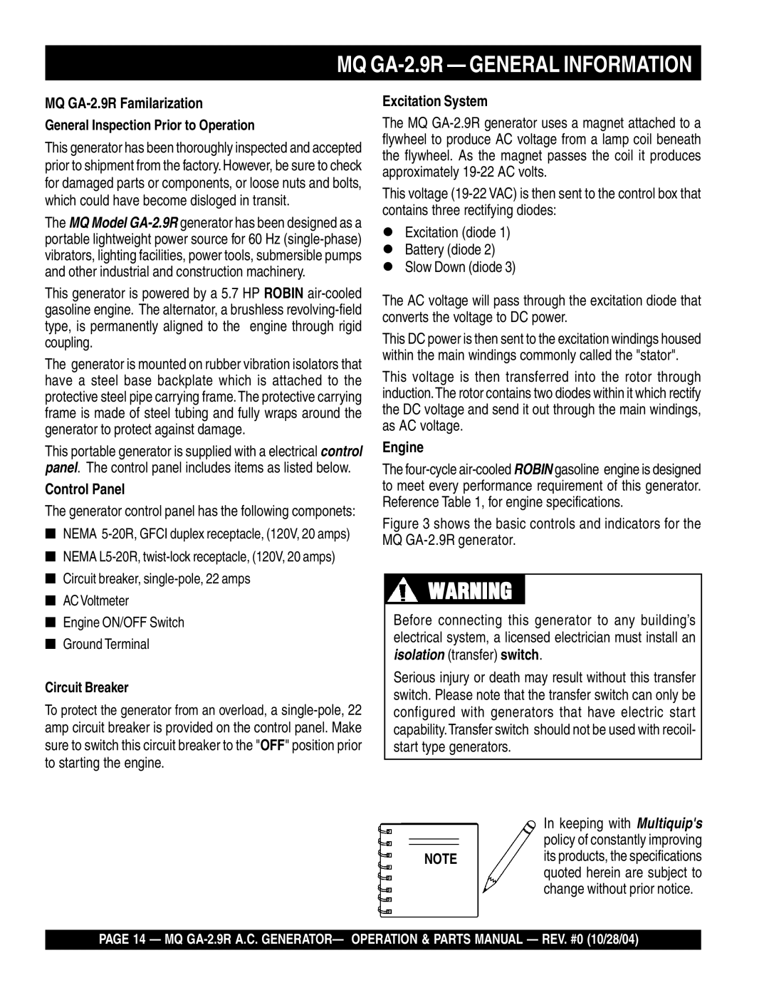 Multiquip manual MQ GA-2.9R General Information, MQ GA-2.9R Familarization, Control Panel, Excitation System, Engine 