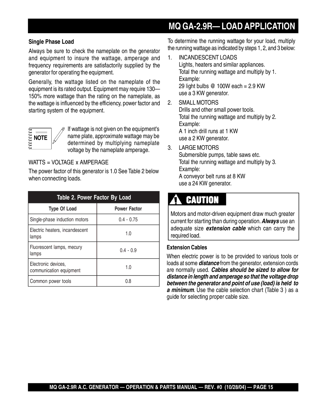 Multiquip manual MQ GA-2.9R- Load Application, Single Phase Load, Extension Cables 