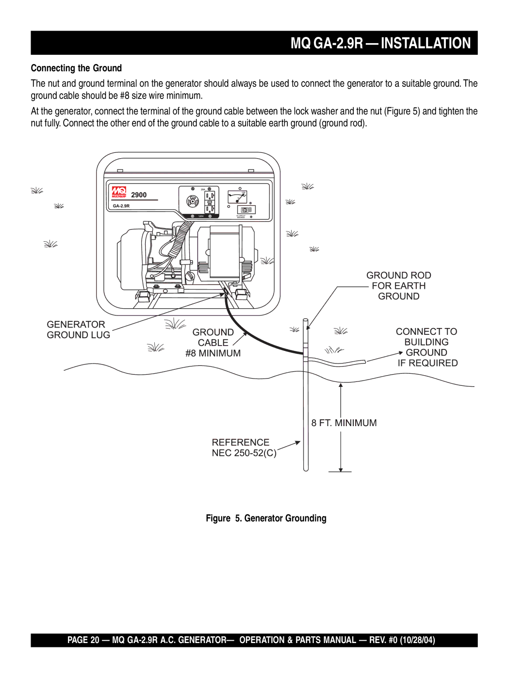 Multiquip manual MQ GA-2.9R Installation, Connecting the Ground 