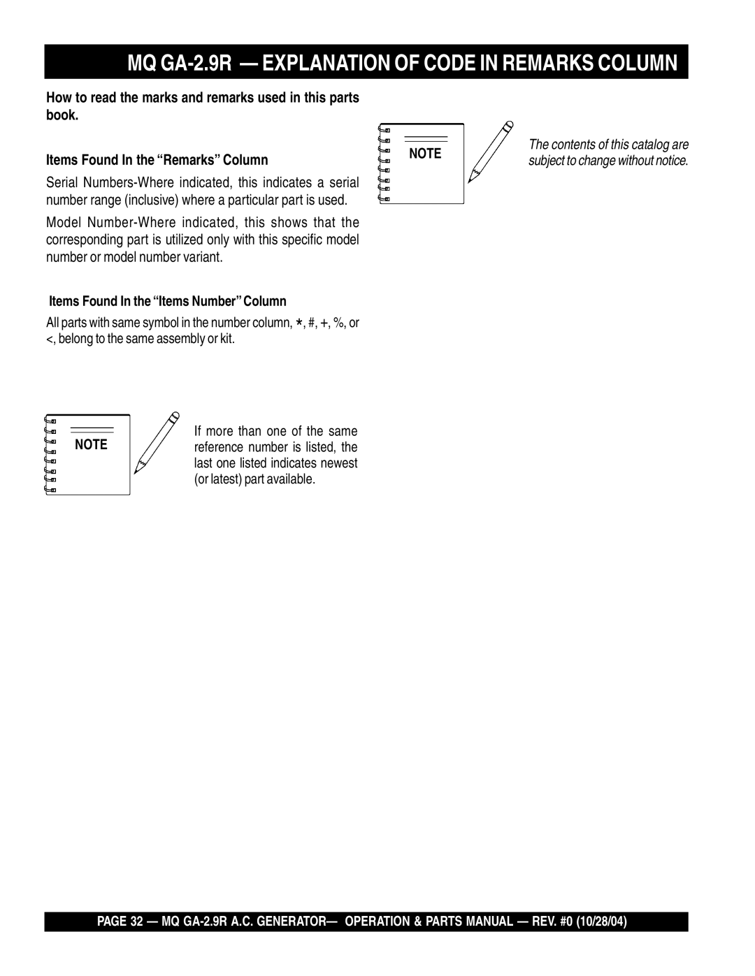 Multiquip MQ GA-2.9R Explanation of Code in Remarks Column, How to read the marks and remarks used in this parts book 