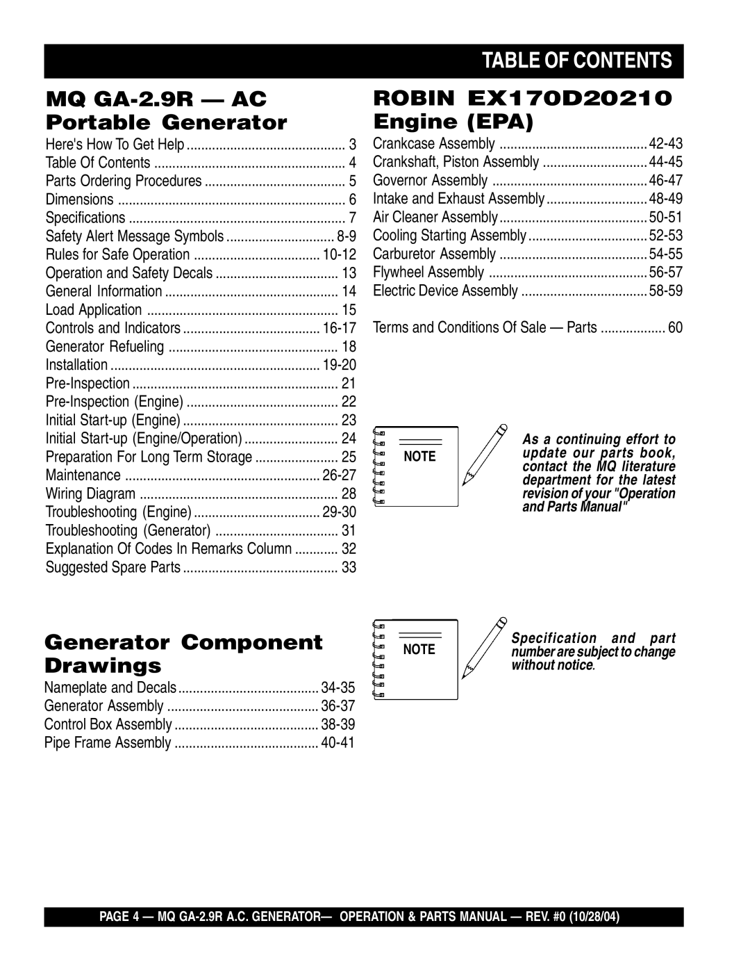 Multiquip GA-2.9R manual Table of Contents 