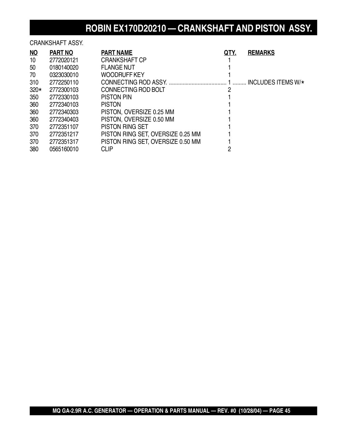 Multiquip GA-2.9R manual Crankshaft Assy 