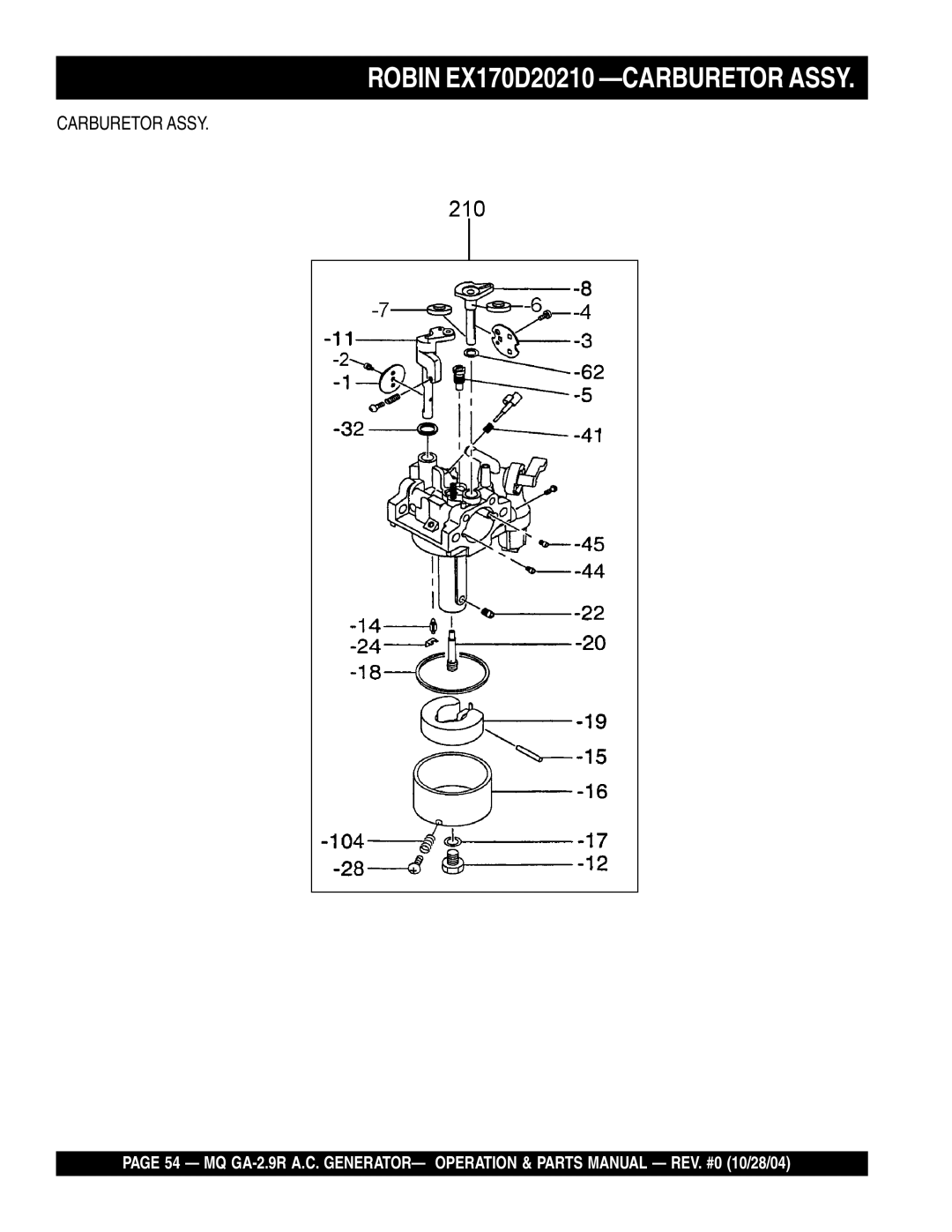 Multiquip GA-2.9R manual Robin EX170D20210 -CARBURETOR Assy 