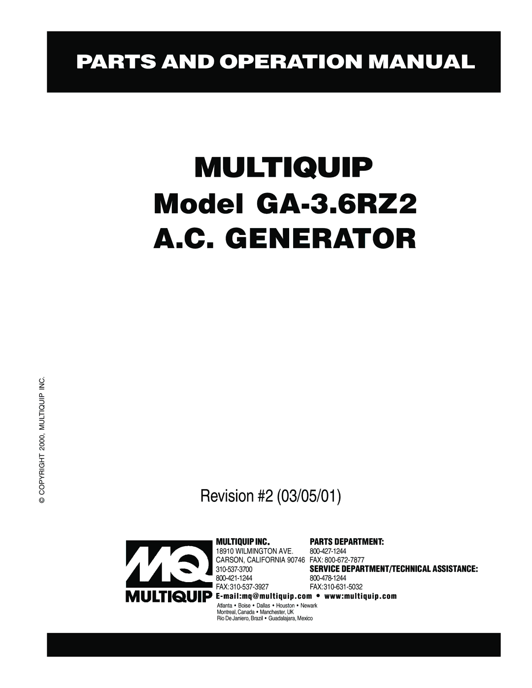 Multiquip GA-3.6RZ2 operation manual Multiquip 