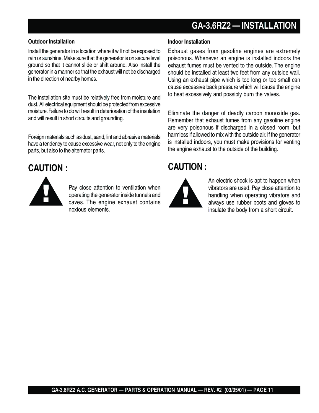 Multiquip GA-3.6RZ2 operation manual Outdoor Installation, Indoor Installation 