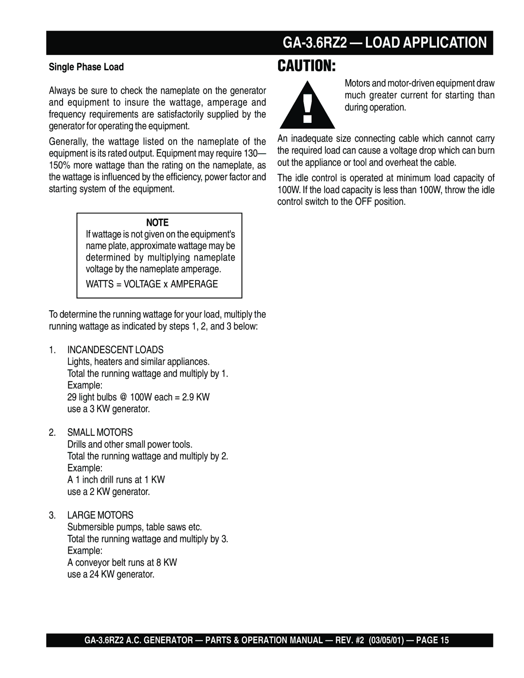 Multiquip operation manual GA-3.6RZ2 Load Application, Single Phase Load 