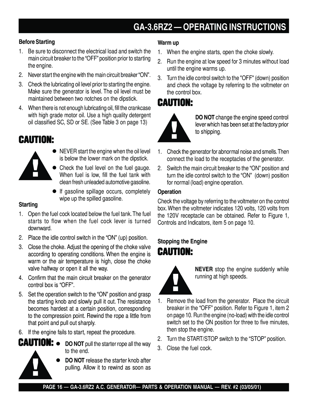 Multiquip GA-3.6RZ2 operation manual Before Starting, Warm up, Operation, Stopping the Engine 