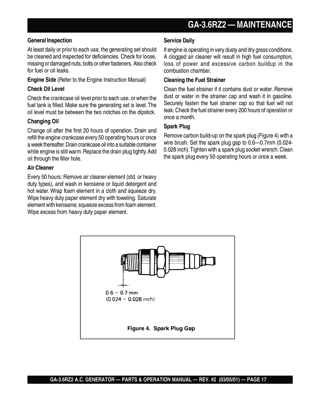 Multiquip operation manual GA-3.6RZ2 Maintenance 