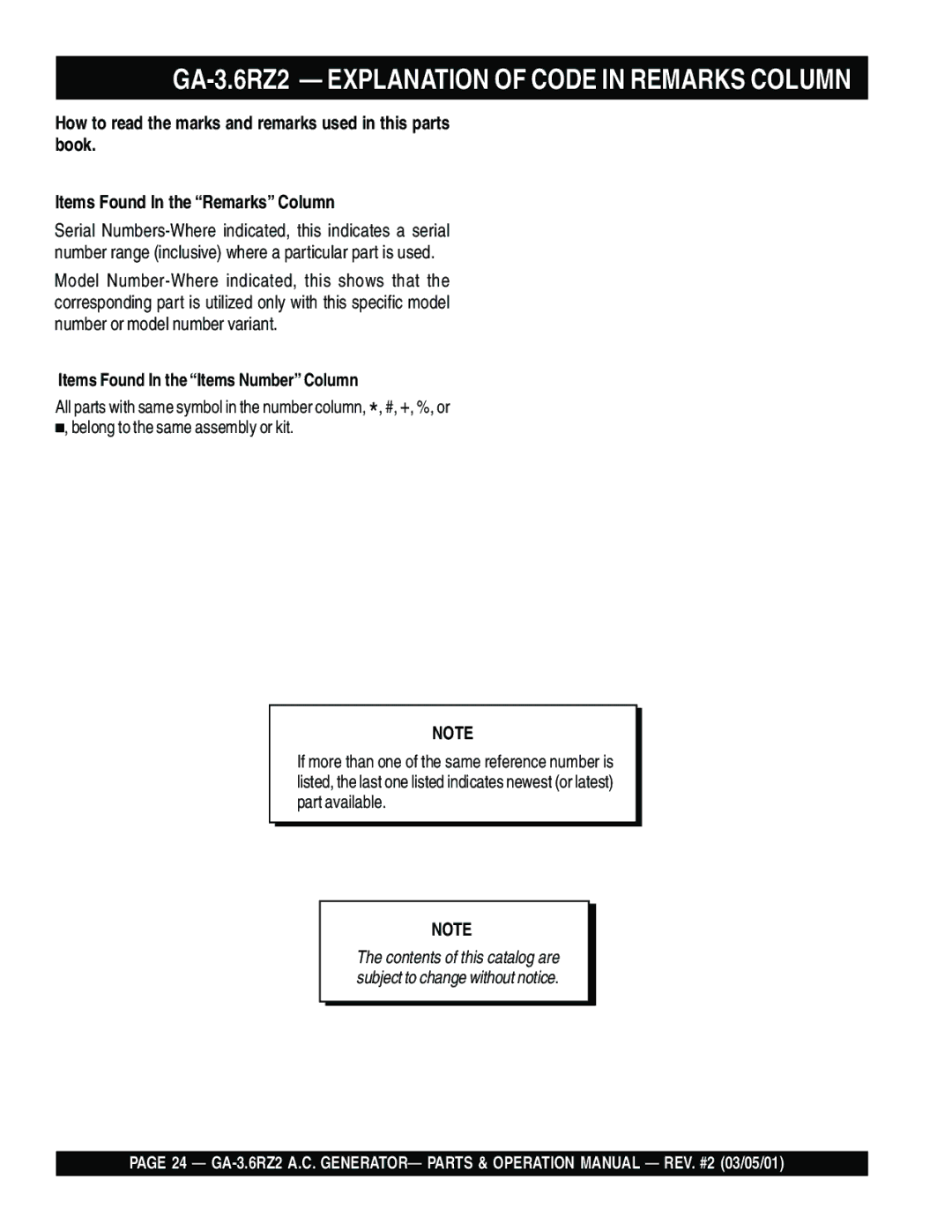 Multiquip operation manual GA-3.6RZ2 Explanation of Code in Remarks Column, Items Found In the Items Number Column 