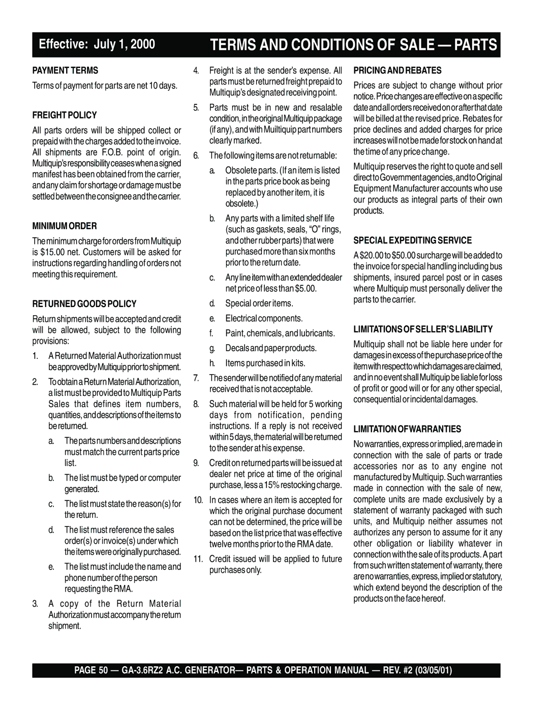 Multiquip GA-3.6RZ2 operation manual Terms and Conditions of Sale Parts, Freight Policy 