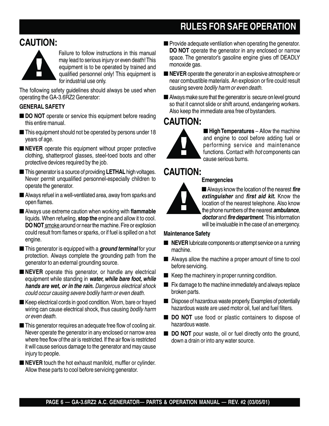 Multiquip GA-3.6RZ2 operation manual Rules for Safe Operation, Emergencies, Maintenance Safety 