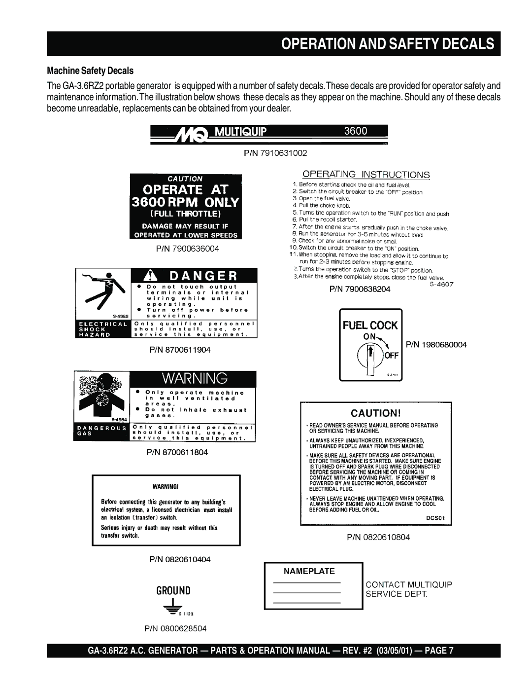 Multiquip GA-3.6RZ2 operation manual Operation and Safety Decals, Machine Safety Decals 