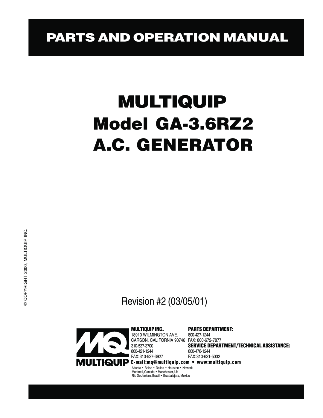 Multiquip operation manual MULTIQUIP Model GA-3.6RZ2 A.C. GENERATOR, Parts And Operation Manual, Revision #2 03/05/01 