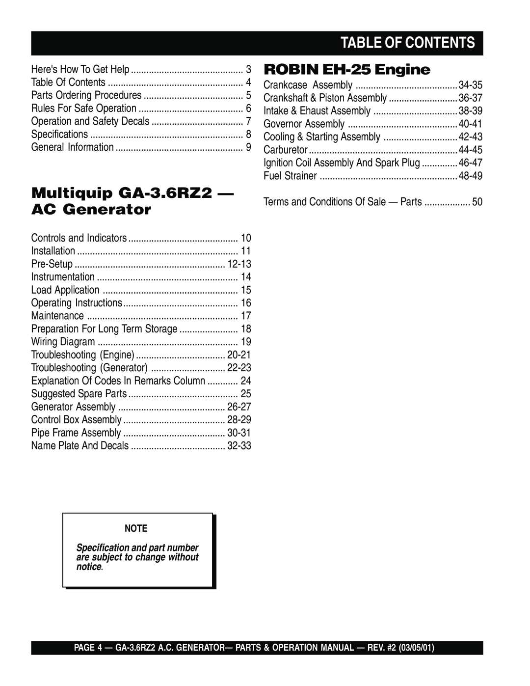 Multiquip operation manual Table Of Contents, Multiquip GA-3.6RZ2— AC Generator, ROBIN EH-25Engine 