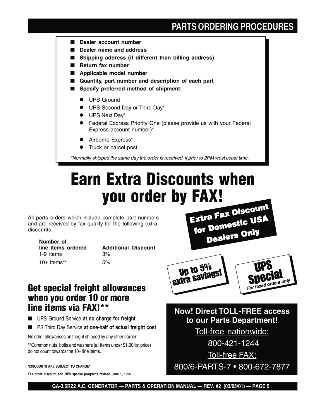 Multiquip GA-3.6RZ2 Earn Extra Discounts when you order by FAX, Parts Ordering Procedures, Domestic, Dealers, Only 